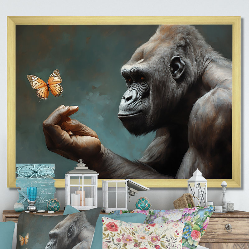 «Gorillas Gentle Touch», impression sur toile, Cadre doré simple, H 34 po x l 44 po x P 1,5 po