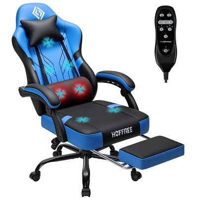 Faux Leather Heated & Massage Ergonomic Gaming Chair with 7-Point Vibration Function in Black/Blue