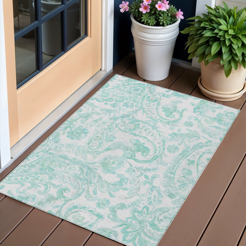 Tapis extérieur lavable à motif cachemire turquoise et ivoire 3 pi x 5 pi