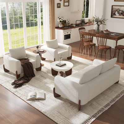 Ensemble de canapé moderne 3 pièces, 1 causeuse et 2 fauteuils, tissu bouclé doux, structure en bois de pin et pieds en bois d'hévéa, canapé modulaire confortable pour le salon et la salle familiale (table basse non incluse)
