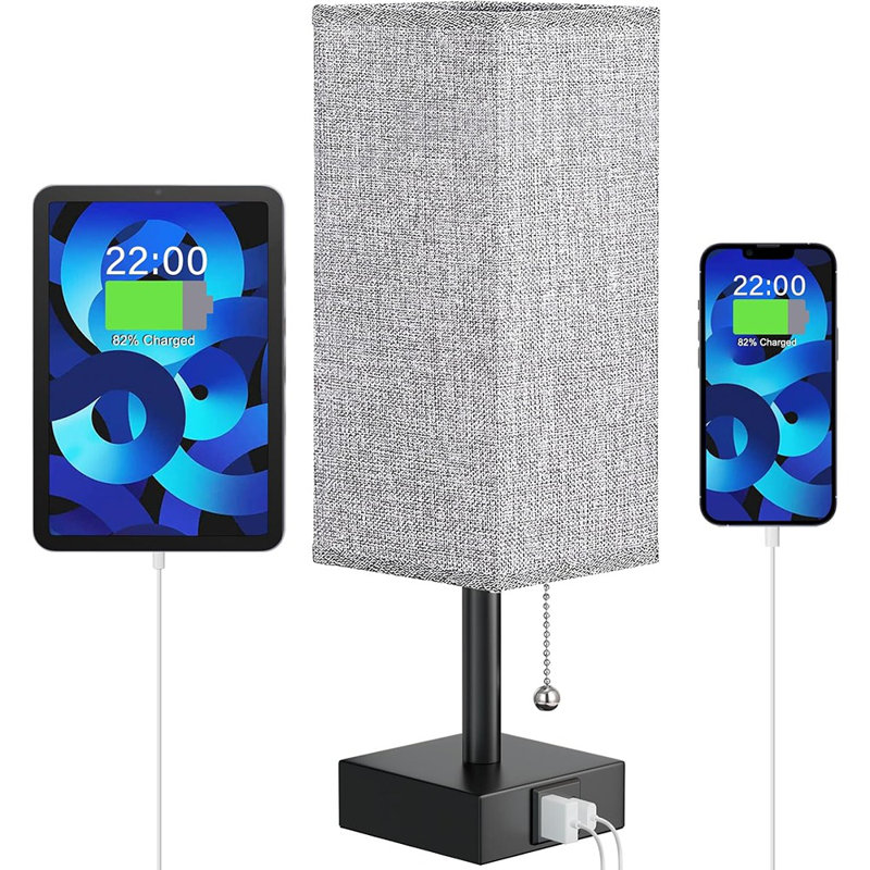 Lampe de chevet de chambre à coucher avec ports USB Ebern Designs: lampe de table grise avec USB C et table de chevet avec ports de charge, lampe de bureau compacte pour garçon, sans ampoule incluse