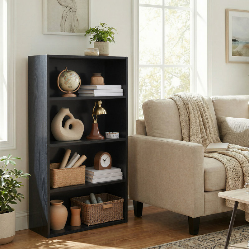 Sayef 71.1" H x 24.4" W Standard Bookcase, (4 Shelves) 42.3" H x 23.6" W x 9.4" D, Ebony Black