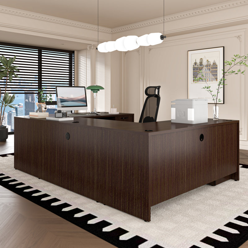 U-Shaped Executive Desk With File Cabinets, Brown