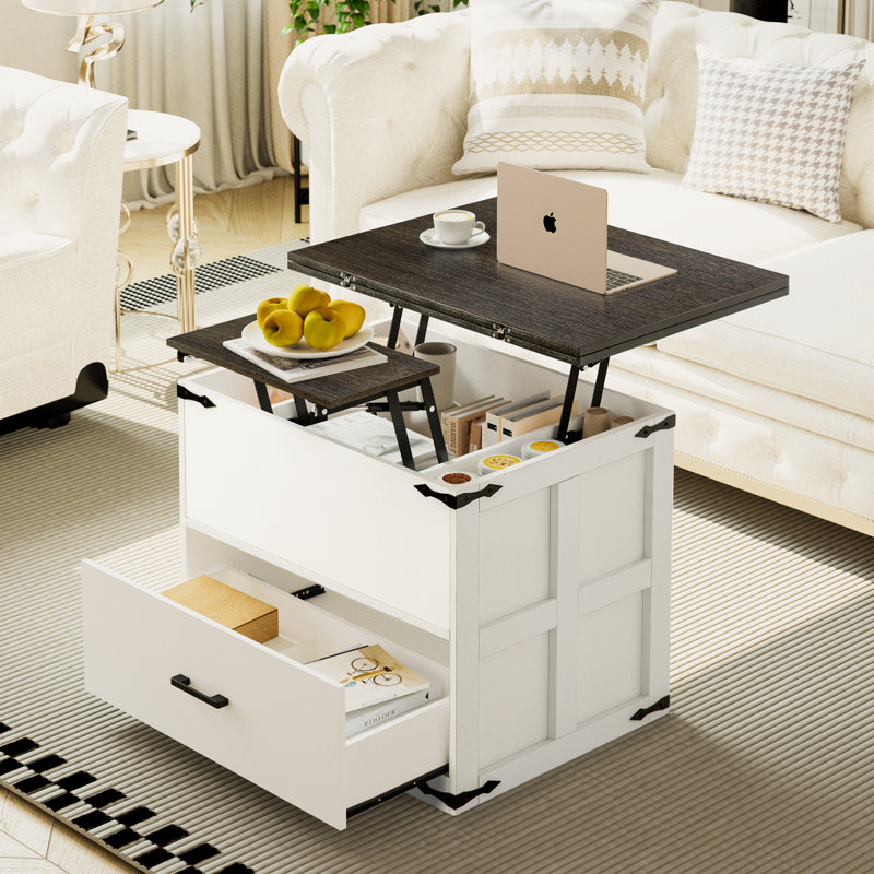 Table basse à plateau relevable avec rangement 4 en 1 Wynny Farmhours, Brun foncé / blanc