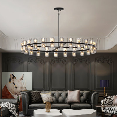 Lustre 48 lumières en cristal moderne avec abat-jour en verre côtelé transparent