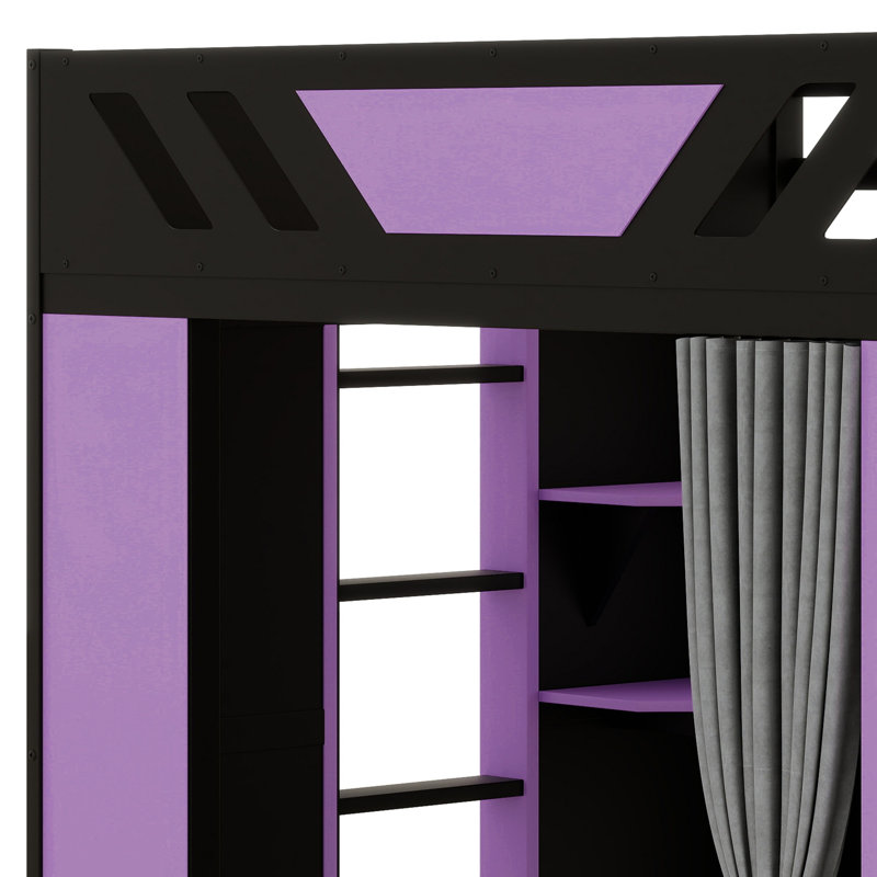 Lit mezzanine multifonctionnel avec tablettes de rangement, rideaux occultants et éclairage RVB, Noir et mauve