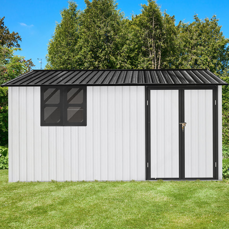 Remise de jardin en métal, remise extérieure avec fenêtre, Beige / Blanc