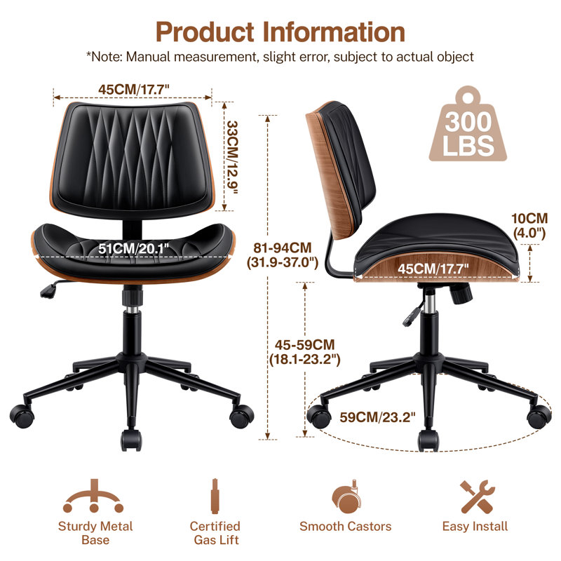 Modern Walnut Bentwood Armless Task Chair with Diamond Tufted Backrest, Black