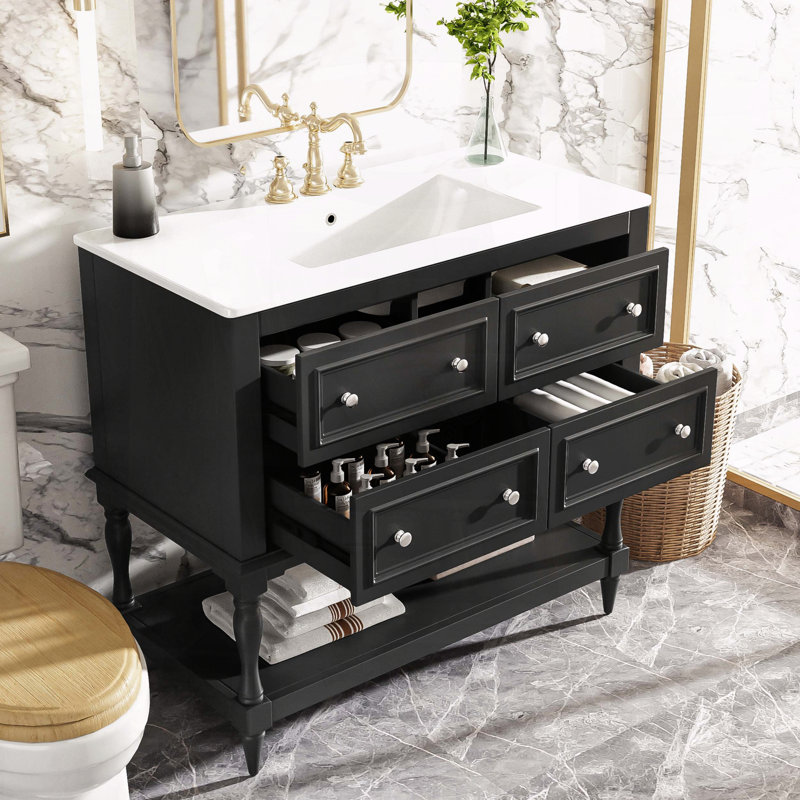 Meuble-lavabo 36 po avec 4 tiroirs et structure en bois massif, Black