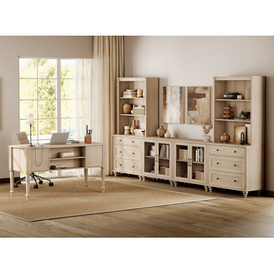 Ensemble de bureau et de meuble télé de style campagnard, centre de divertissement avec tablettes pour téléviseurs jusqu'à 75 po, armoire de rangement en verre, bureau d'écriture avec 5 tiroirs pour le bureau personnel et le salon, beige