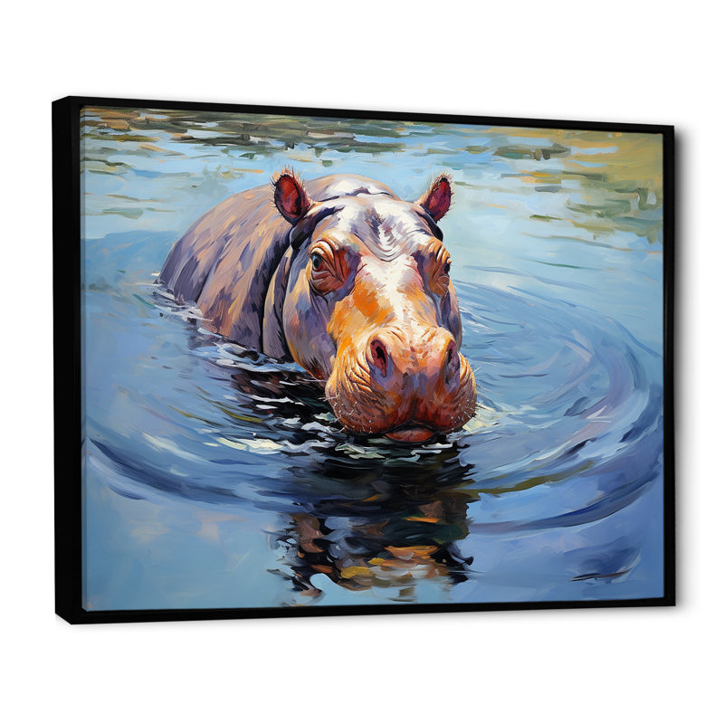«Curious water hippo - Hippopotamus», art mural, Cadre flottant noir, H 30 po x l 40 po x P 1,5 po