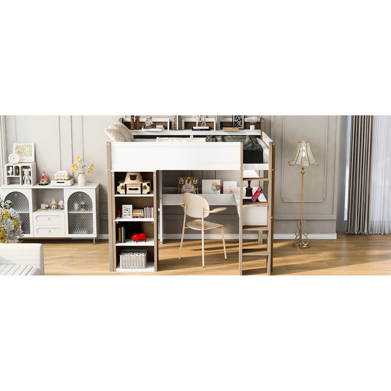 Lit mezzanine pleine grandeur blanc et naturel, avec tablettes de rangement et bureau intégré, bois naturel moderne pratique, avec zone d'étude pour tringle à vêtements, stable