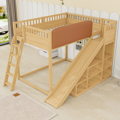 Wood Loft Bed with Slide and Storage