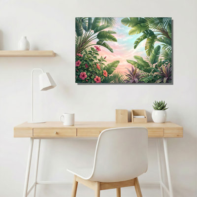 Art mural sur toile, feuilles tropicales et fleurs d'hibiscus roses sur ciel pastel
