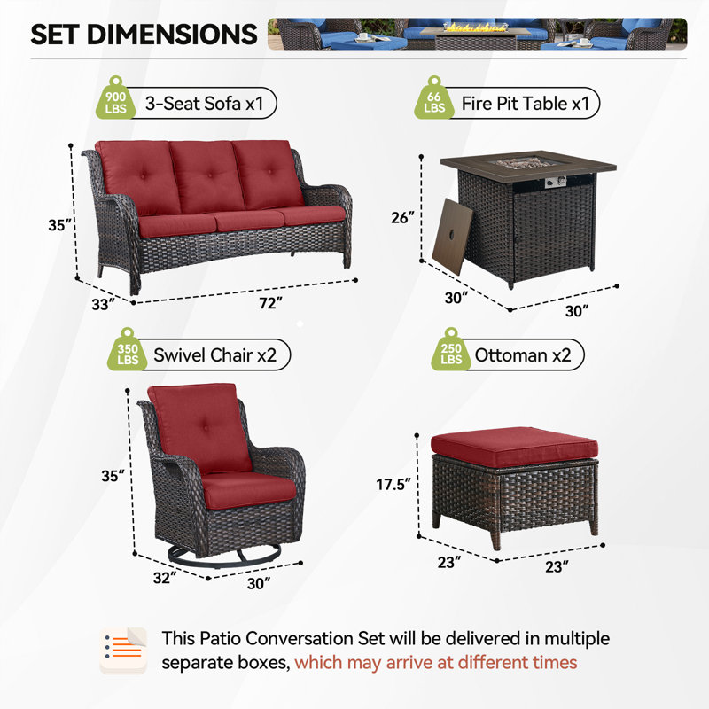 Deeominia 6-Piece All-Weather Wicker Rattan Square Fire Pit Table Conversation Set With Swivel Gliders, Red, Brown