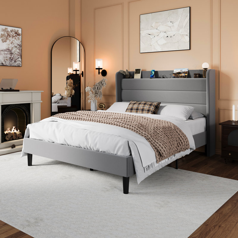 Velvet Upholstered Platform Wingback Bed With Storage Shelf And Charging Station, Full, Gray