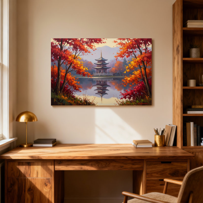 «Landscape & Nature Autumn Temple Reflection», peinture de paysage, H 12 po x l 18 po