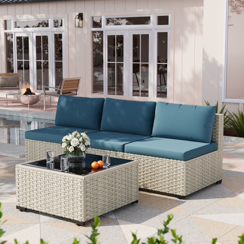Canapé de patio en rotin design 3 pièces avec table basse, Bleu paon
