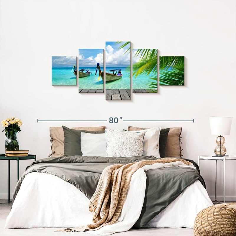 Bateaux sur une île tropicale, quai sur toile, ensemble de 5 pièces, H 68 po x l 30 po x P 1,25 po