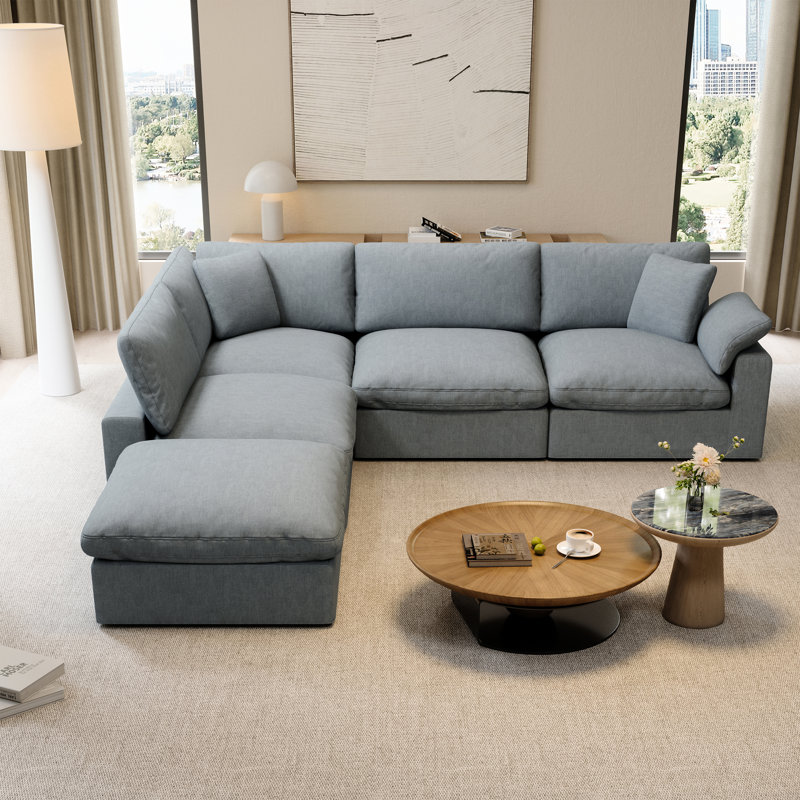 Upholstered 5 - Pieces Cloud Sofa, Modular Sectional Sofa with Removable Cover for Living Room, Bedroom, Gray
