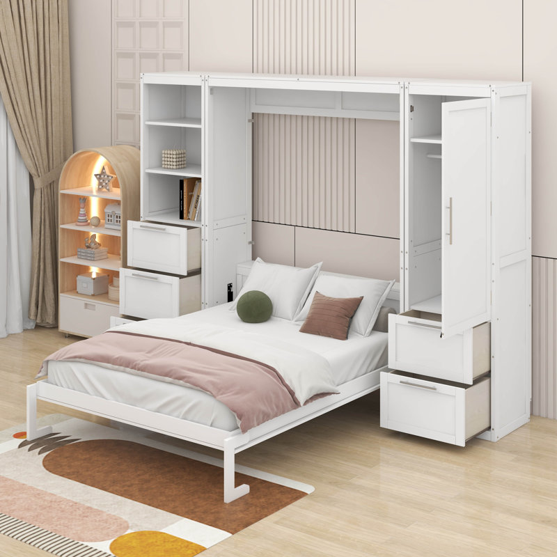 Grand lit escamotable avec tiroirs et tablettes, Blanc