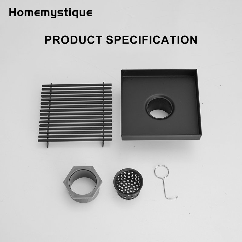 6 po Drain de douche carré en acier inoxydable avec couvercle à fente noir mat, Noir mat