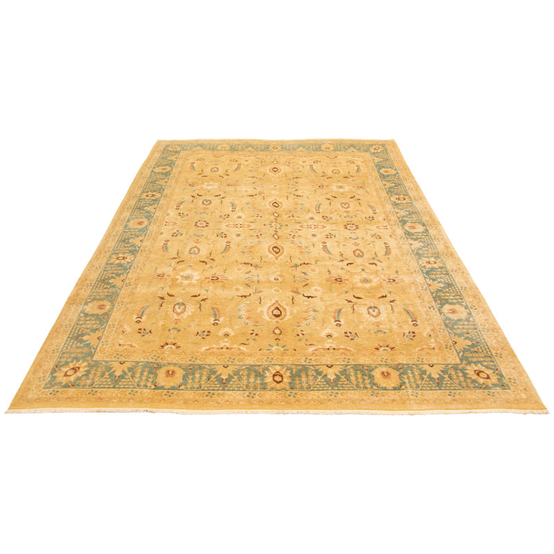 Tapis unique en laine noué à la main style kaki clair nouvel âge 10 pi x 13 pi 2 po Ushak