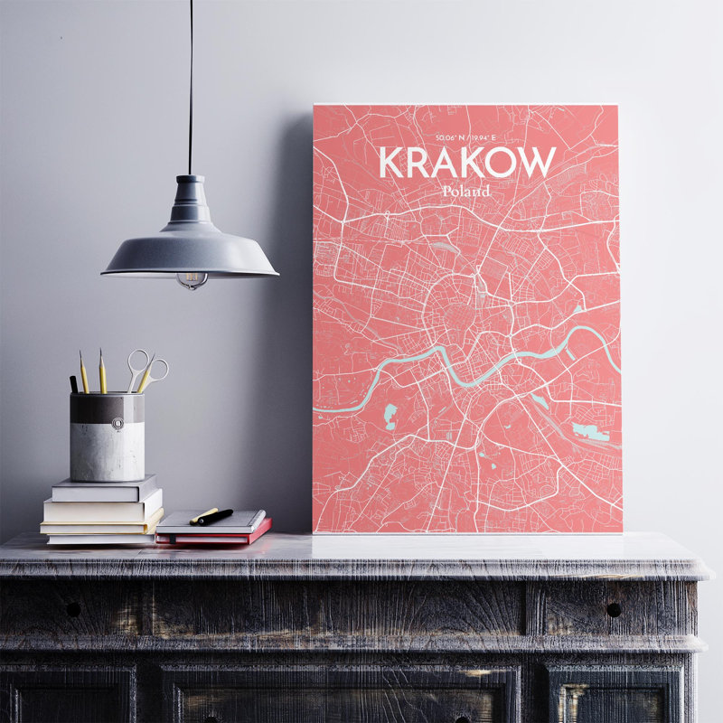 «Krakow City Map», impression de luxe, H 27,6 po x l 19,7 po, Rose / bleu pastel