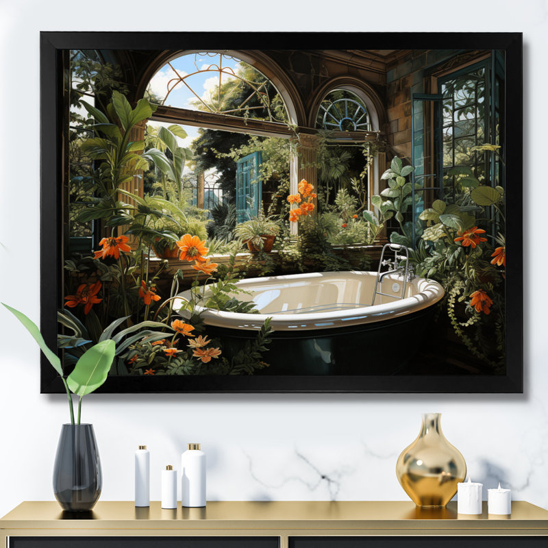 «Bathroom Botanical Retreat II», reproduction, H 34 po x l 44 po x P 1,5 po, Cadre photo noir