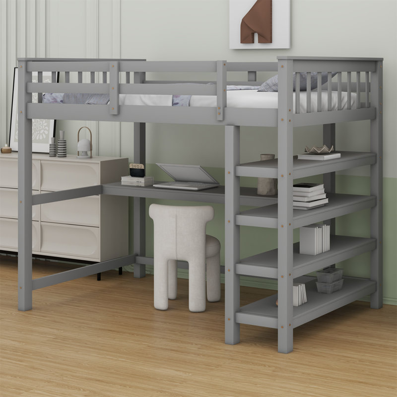Lit mezzanine avec tablettes de rangement et bureau sous le lit, Gris