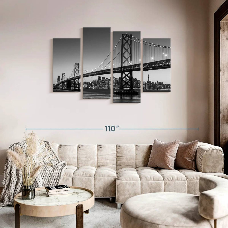 «Suspension Bridge San Francisco Bay Bridge BW», reproduction d'art sur toile 4 pièces, H 48 po x l 75 po x P 1,25 po
