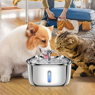 Cat Water Fountian Stainless Steel with Water Level Window and Led Light, 2.5L/84oz Automatic Pet Water Water Cat Water Fountain