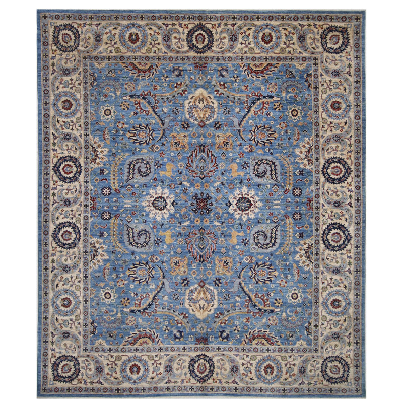 Tapis bleu et blanc noué à la main de haute qualité