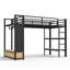 Structure de lit simple simple avec garde-robe, lit mezzanine en métal avec tablettes de rangement et panneau perforé, noir-1255935191