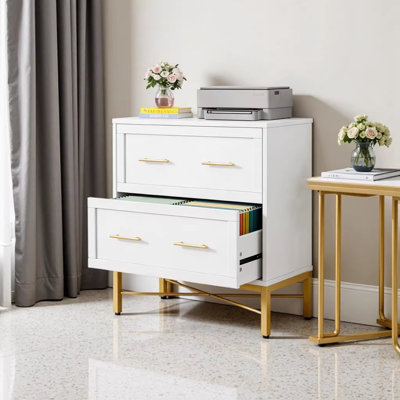 2-Drawer Office File Cabinet with Gold Accents, Sleek White & Gold Lateral Filing Cabinet for Home Office, Legal/Letter/A4 File Storage with Anti-Tip Design