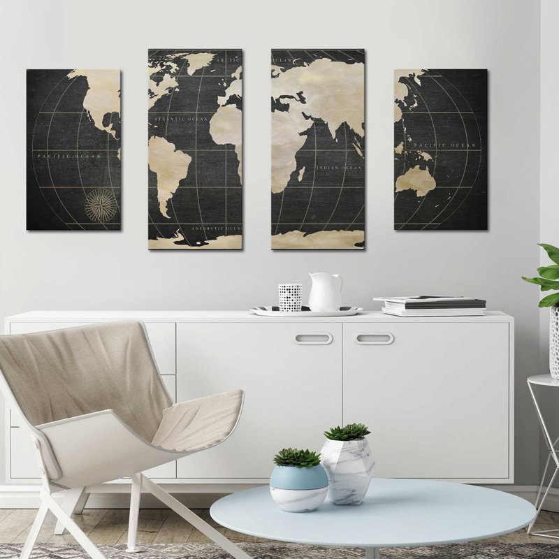 « rétro carte du monde », impression à multiples images sur toile, H 38 po x l 72 po x P 1,5 po