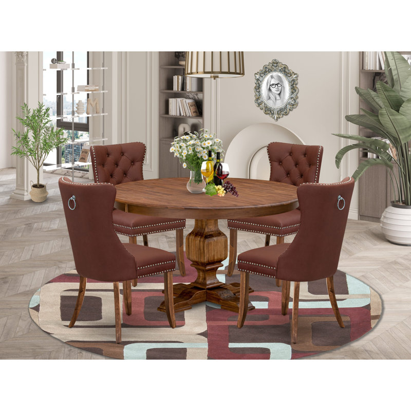 5-Pc Dining Room Set Include a Round Table and 4 Burgundy Polyester Fabric Upholstered Chairs with Button-Tufted Back, Antique Walnut