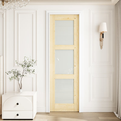 Porte intérieure en dalle de pin massif et verre givré 3-Lite 24 po x 80 po, sans finition et à peindre, sans quincaillerie, pour la chambre à coucher, le placard, le couloir, le salon, le garde-manger et la salle de bain, idéale pour la pré-suspension, la grange Porte française et pliante