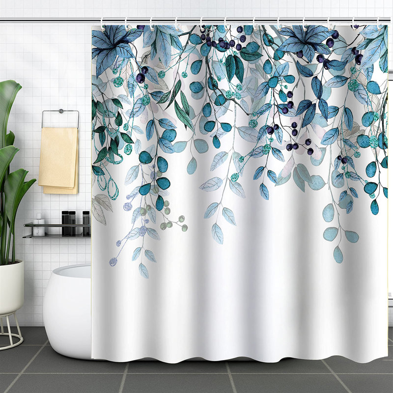 Bathroom Shower Curtain with 12 Hooks, Blue Floral 2