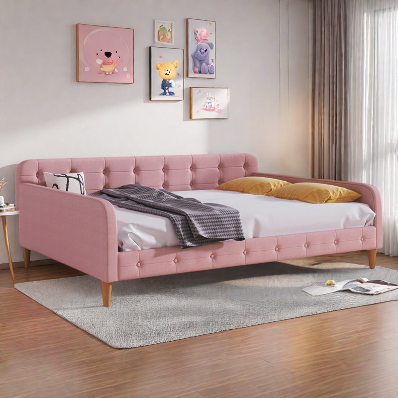 Modern Upholstered Daybed With 4 Support Legs And Button Tufted Design, Full/Double, Pink