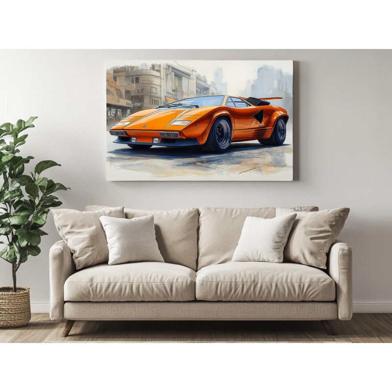 Classic Orange Lamborghini Countach Canvas Art - Retro Cityscape Wall Decor for Car Enthusiasts Available in Multiple Sizes