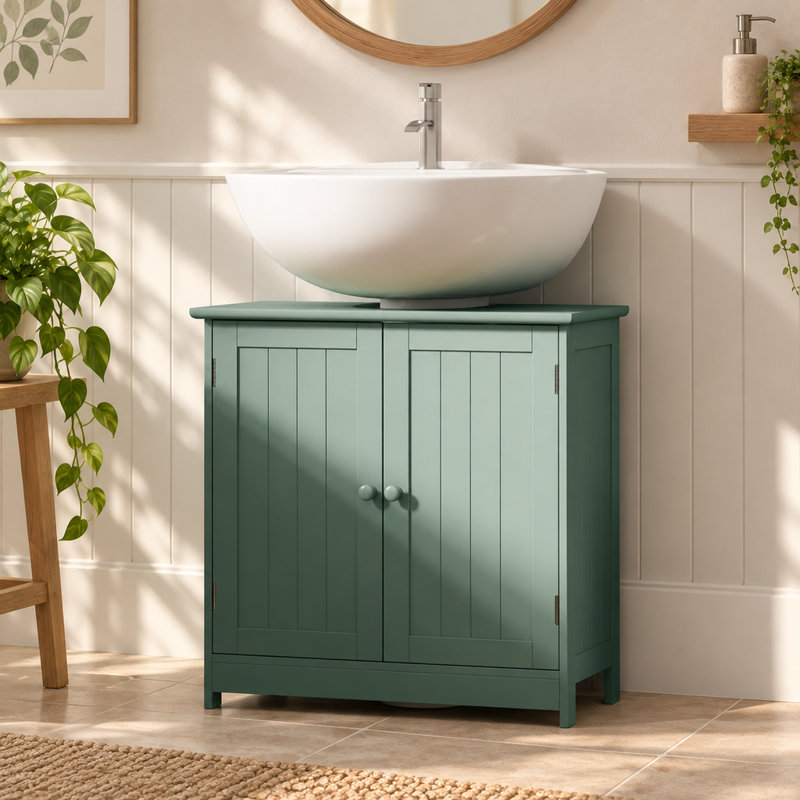 Meuble-lavabo avec ouverture en U, tablette réglable et 2 portes, vert foncé