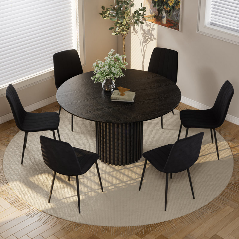 Round Pedestal Dining Table Set, Black, Black, 7