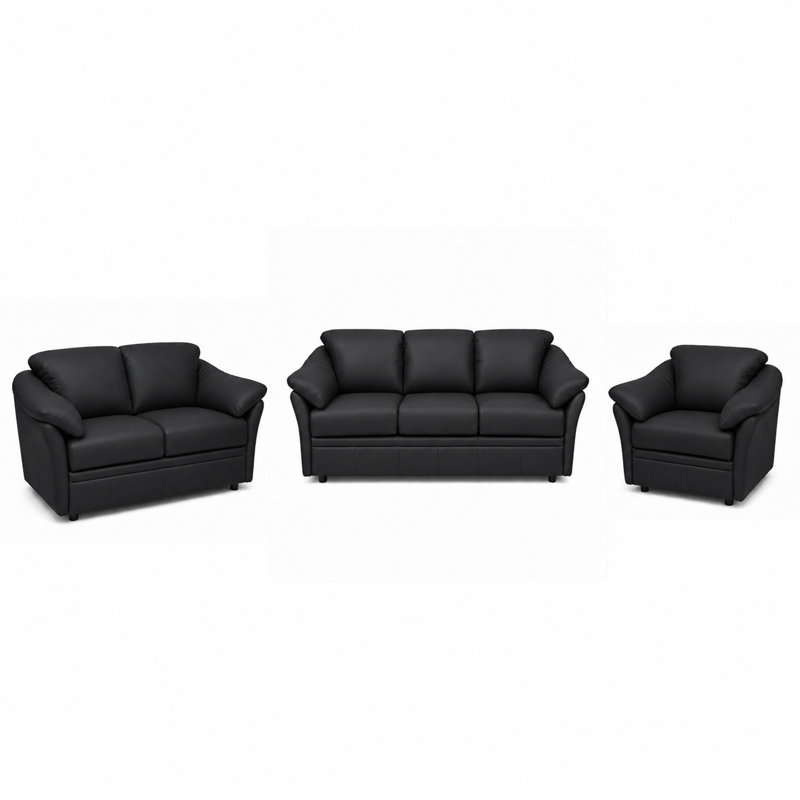 Ensemble de canapés en cuir Ramdev, Canapé, causeuse, fauteuil, Cuir véritable noir