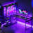 Reversble L-shaped Desk With Large Glass Display Storage Shelves, Computer Desk With Power Outlet, Gaming Table With Led Lights And Versatile Hook