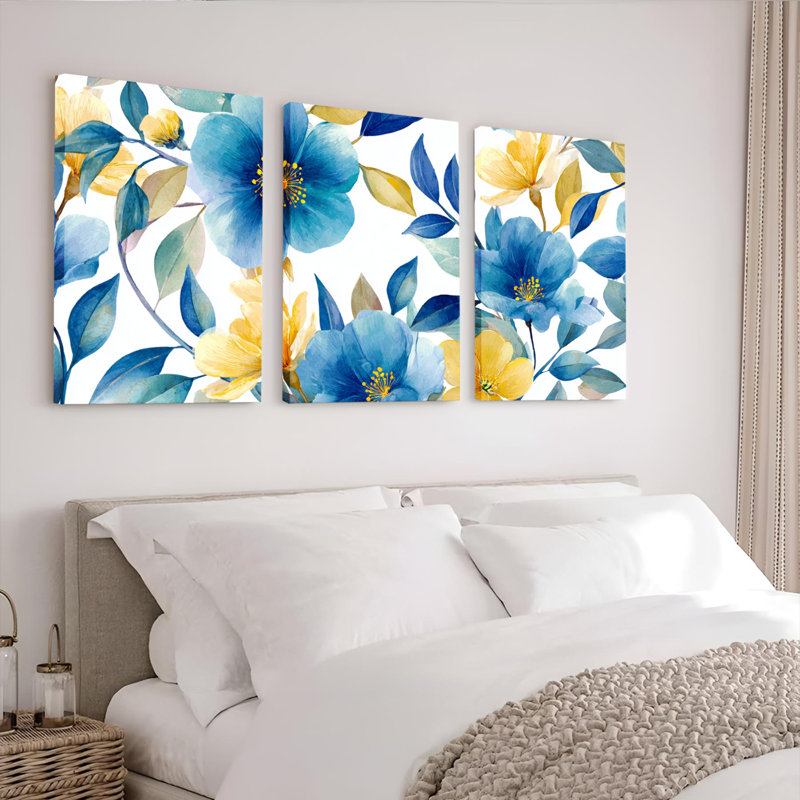 Ensemble de 3 toiles aquarelle florales bleues et jaunes, montées sur châssis, pour la décoration du salon et de la chambre.
