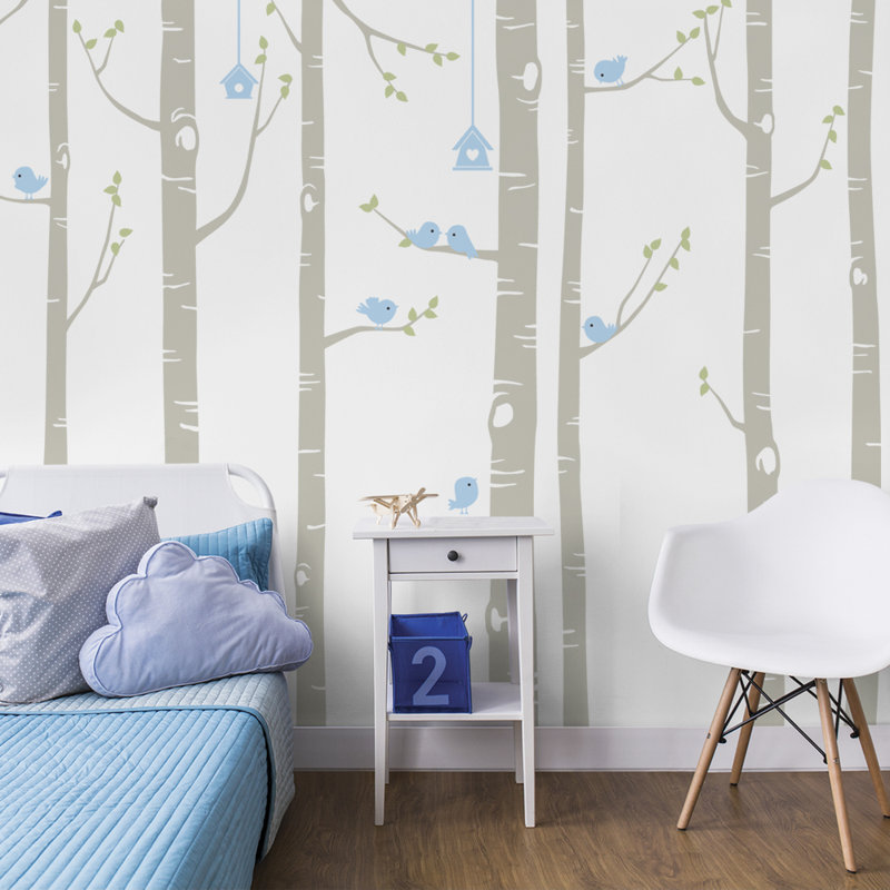 Décalcomanie murale arbre bouleau avec oiseaux, Bleu ciel / gris / gris clair