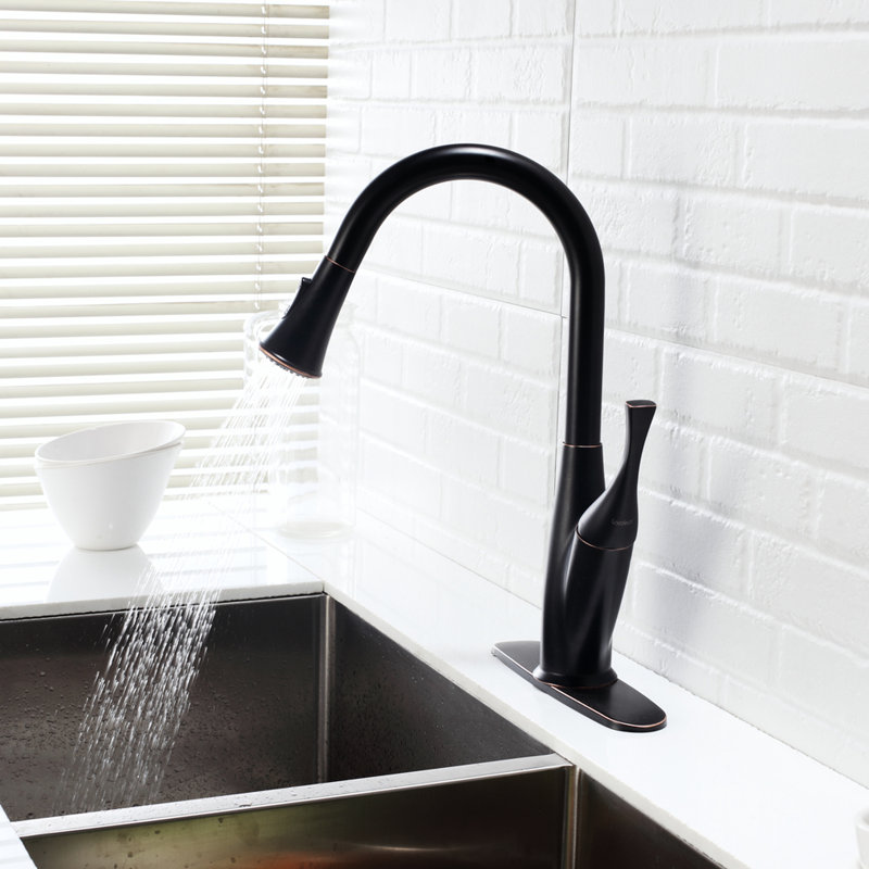 Robinet escamotable huilé en bronze huilé, profilé pour la cuisine, surface brillante, repousse les taches d'eau, poignée simple à droite ou à gauche, bec pivotant à 360 degrés, modes de pulvérisation double, robinet à monter avec