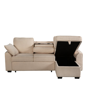 Sectional With Removable Cup Holder Tray, Convertible Storage Chaise, Modular Design, Beige Chenille Upholstery, Wood Frame For Primary Living 3 - Seat Multi Functional Built In Holder, Hidden