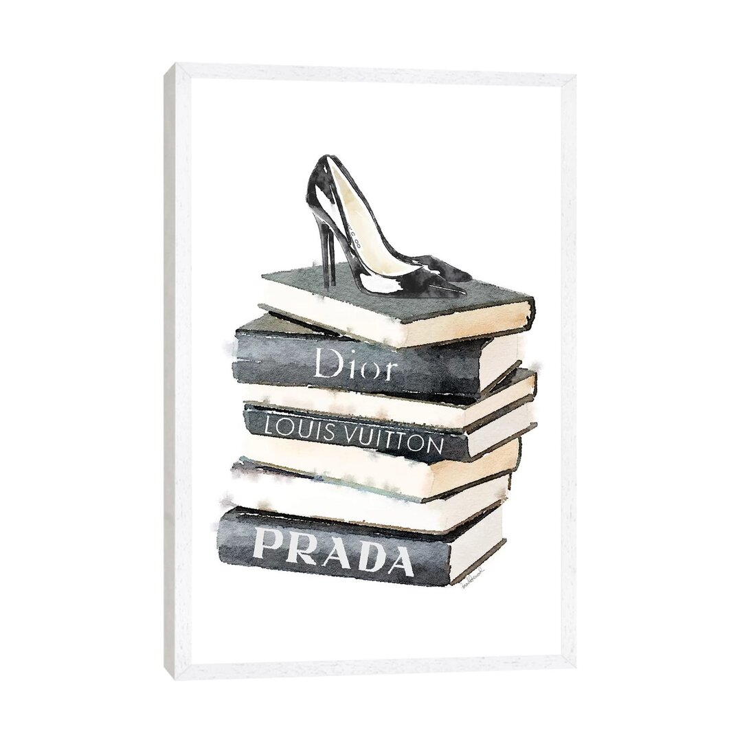 Leinwandbild - Gemälde „Tall Stack of Fashion Books with Heels” von Amanda Greenwood